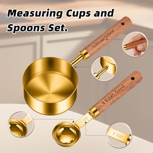 Wooden Handle Measuring Cups & Spoons Set 8 (Gold-wood handle)