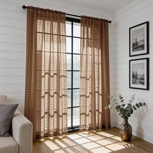 Check Sheer Curtains 96 Inches Long for Living Room (Check - Brown / 52"W x 96"L (Pack of 2))