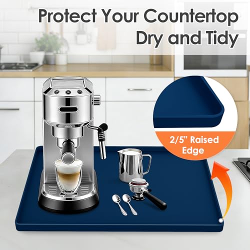 Silicone Coffee Maker Mat with Lip for Countertops (Navy Blue / 15.7'' x 11.8'')