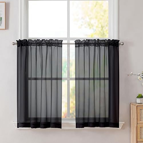 Black Sheer Kitchen Cafe Curtains (Black / 42"W x 36"L (Pack of 2))