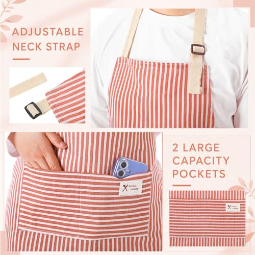 24 Pcs Aprons for Women Men with 2 Pockets Linen Cooking Kitchen Apron Adjustable Bib Chef Apron Bulk Aprons Unisex (Red / Thin Stripes)