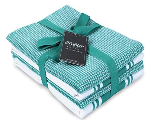 Cotton Kitchen Towels (Teal / 2 Stripe + 2 Waffle Towels)