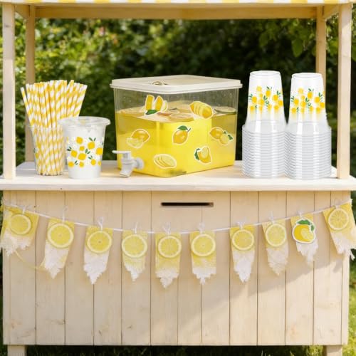 152 Pcs Lemonade Stand Supplies Kits 8.8L Plastic Drink Dispenser with Spigot 50 Sets 12 Oz Disposable Cups with Lids Straws for Water Tea Beverages Juice