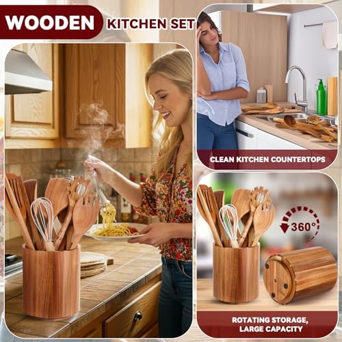 11 Pcs Acacia Wood Kitchen Utensil Set with 360° Rotating Holder (Natural / Straight)