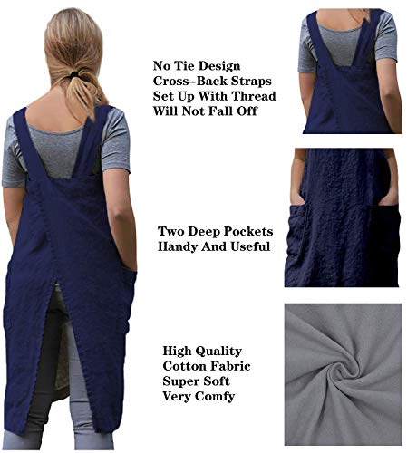 Cotton Linen Apron Cross Back Apron for Women with Big Pockets Square Pinafore Dress for Baking Cooking BBQ & Grill (Blue / Large)