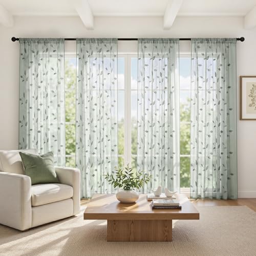 Sage Green Sheer Curtains Leaf Embroidered (52"W x 84"L (Pack of 2) / 1-sage Green)