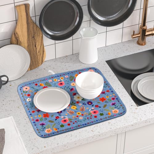 Lovely Flowers Dish Drying Mat (Wildflowers Blue / 18" x 16")