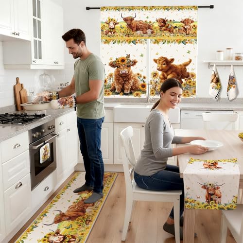 13 Pcs Sunflower Highland Cow Kitchen Curtains Valance Decor Set (Sunflower Highland Cow)
