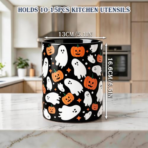 Halloween Ceramic Utensil Holder Ghost Pumpkin Kitchen Crock (Halloween Black Ghost)