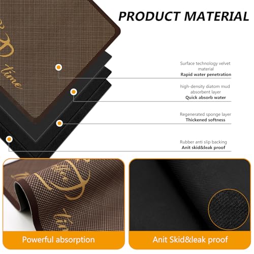 Coffee Mat Hide Stain Rubber Backed Absorbent Drying Mat Modern Kitchen Drying Mat Easy Clean (Brown Grid / 24" x 16")