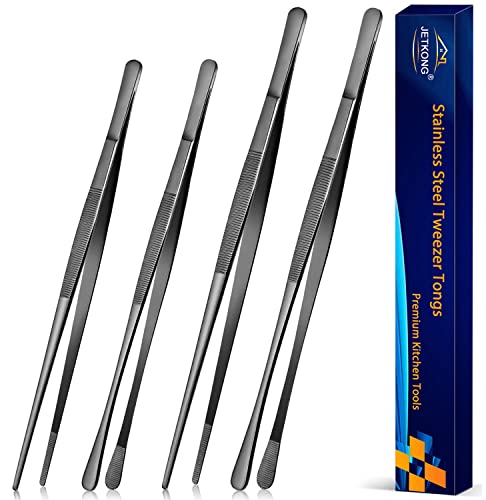 4 Pcs Kitchen Tweezers Professional Stainless Steel Cooking Tweezers Set (10+12inch-4PCS / Black)
