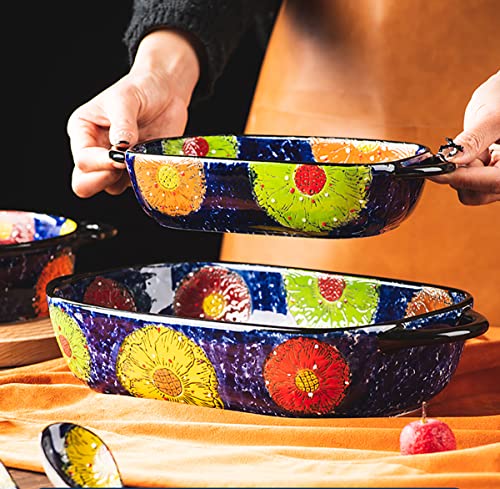 Vintage Style Pottery Bakeware Colorful Daisy Pattern Ceramic Casserole Dish Baking Pan Lasagna Pans Baking Dish with Handles from Oven to Table Plate (ColorfulDaisy / 60 OZ)