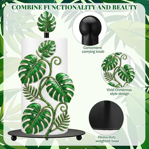 Tropical Monstera Paper Towel Holder with Round Base Boho Bathroom Decor Green Leaf Dispenser Kitchen Paper Holder Stand for Countertop Toilet Home Accessories (Multicolored)