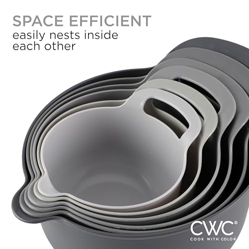 Nesting Plastic Mixing Bowl Set with Pour Spouts and Handles (Gray 6 Piece / 6 Piece Non-Slip)