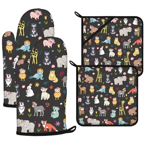 Cute Animals Oven Mitts and Animal World Pot Holders Sets 4Pcs (Cute Animals)