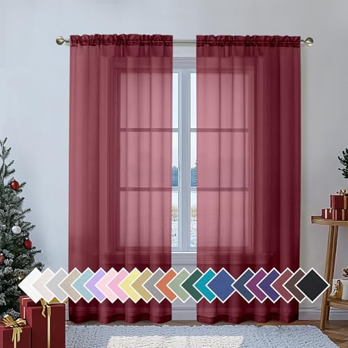 Sheer Voile Window Treatment Rod Pocket Curtain Panels for Kitchen Bedroom Living Room Drapes Sunlight Filtering Privacy Semi Home Decor Assorted Colors Sizes (40"W x 72"L (Pack of 2) / Burgundy)
