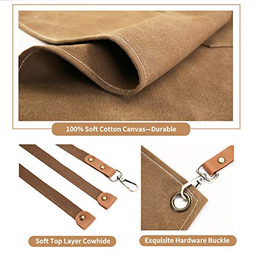 Chef Apron Cotton Canvas Cross Back Apron with Pockets for Women and Men (Cappuccino Brown)