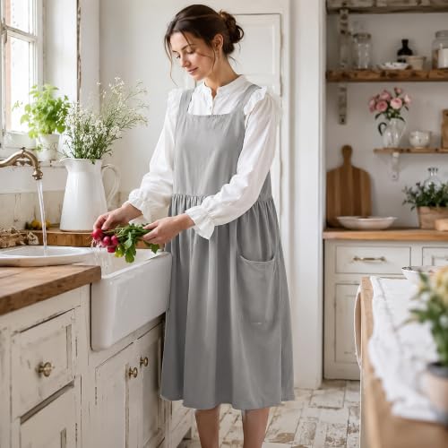 Cotton Linen Apron Cross Back Apron for Women with Pockets Pinafore Dress (Light Grey)