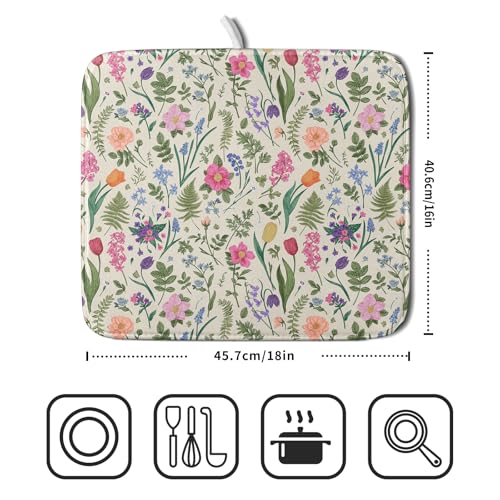 Spring Floral Dish Drying Mat for Kitchen Counter 16x18 Pink Sage Green Flower Vintage Botanical Print Absorbent Reversible Microfiber Drying Mats Kitchen Countertop Protector Dishes Drainer Rack Pad (16" x 18")