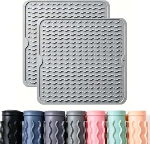 2 Pack Caketime Silicone Dish Drying Mat for Kitchen Counter Heat Resistant Quick Dry Pads Hot Dishes Waterproof with Under Sink Rack Soap Holder Coffee Accessories Women Gifts 12"x12" Light Gray (Light Gray / 12"*12")