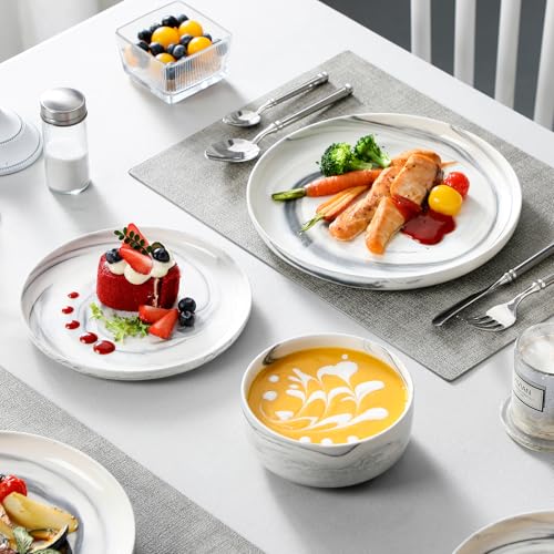 12 Pcs Porcelain Plates and Bowls Sets (Marble Grey / 12 Pcs (Service for 4))