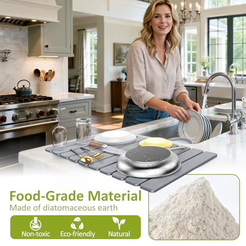 Large Stone Dish Drying Mat for Kitchen Counter (Light Grey / 24" x 16")