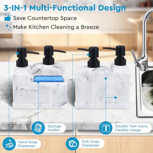 Kitchen Hand Soap and Dish Soap Dispenser Set (3 in 1 - White Marble Look)