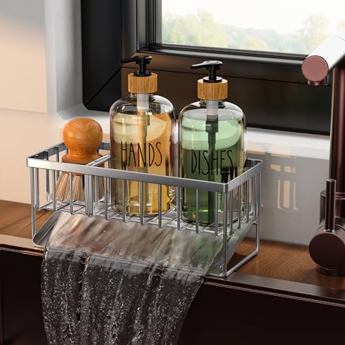 Kitchen Dish Soap Dispenser Set with 2 Pack 16.9oz Amber Glass Bottle and Sponge Holder (Nickel Brushed Sink Caddy + Clear Bottle)