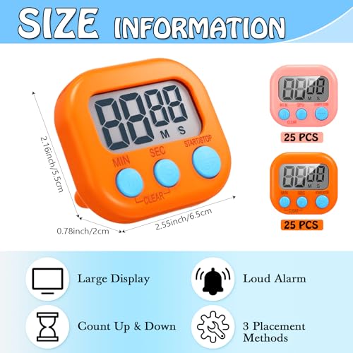 50 Pieces Digital Kitchen Timer Bulk (Pink, Orange)