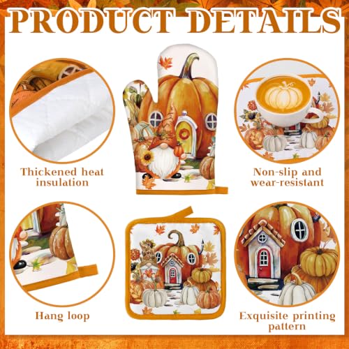 10 Pcs Fall Pumpkin Kitchen Decor Set Kitchen Towels Pot Holders Oven Mitts and Rugs Set Thanksgiving Towels for Baking Cooking BBQ Autumn Home (White, Orange / Maple Leaf)