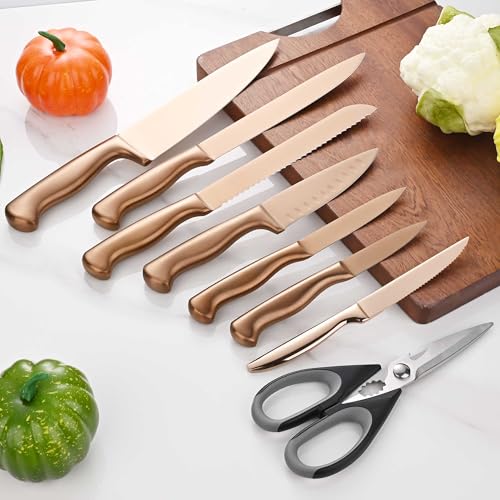 15 Piece Rose Gold Knife Block Set with Sharpener (Rose Gold)