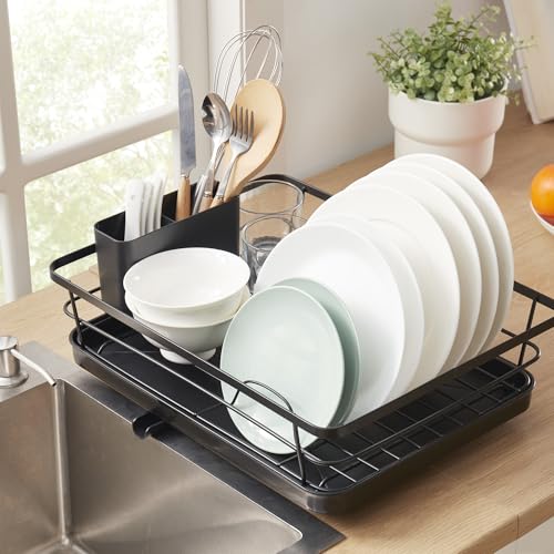 Dish Drying Rack 3 Piece Dish Drainer with Drainboard Set for Kitchen Counter (15.5" x 12" x 5" / Black)