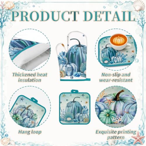 10 Pcs Fall Pumpkin Kitchen Decor Set Kitchen Towels Pot Holders Oven Mitts and Rugs Set Thanksgiving Towels for Baking Cooking BBQ Autumn Home (Navy Blue / Ocean Pumpkin)