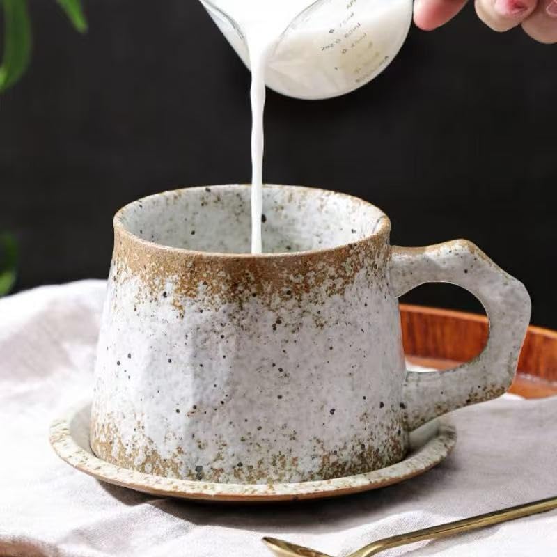 10oz Vintage Retro Handmade Ceramic Cappuccino Cup with Saucer (biege)
