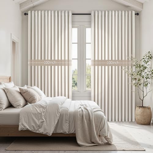 Extra Wide 100 Inch Length Blackout Curtains & Drapes 96 Inches Long 2 Panels Set for Sliding Glass Doors Modern Pleated Linen Blend Heavy Floor to Ceiling Large Window Drapes (Birch / 100"W x 96"L (Pack of 2))