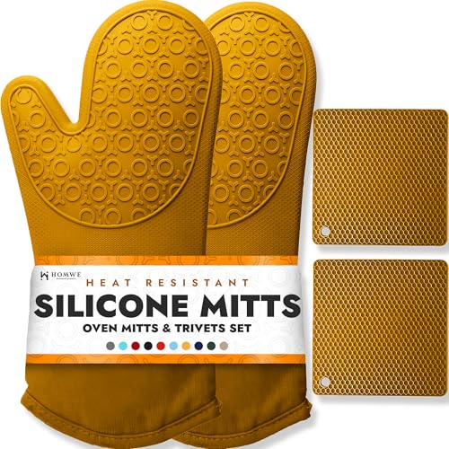 BPA Free Soft Silicone 4 Piece Oven Mitts & Trivets Set (Yellow / 4-Piece Oven Mitts & Trivets Set)