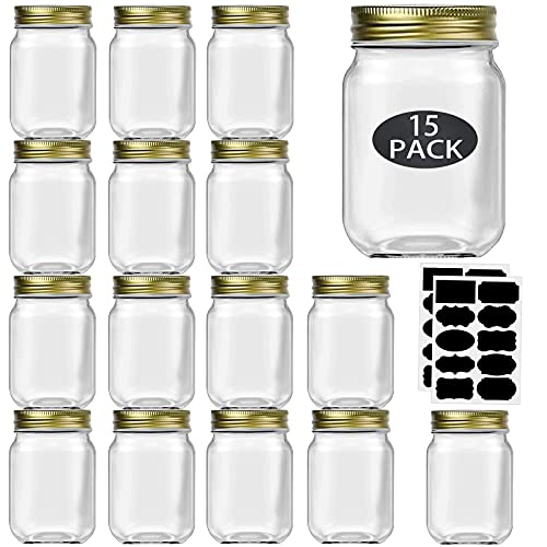 16 oz Mason Jars with Gold Lids 15 Pack Pint Glass Canning Jars (Gold Lids / 16oz-15pack)