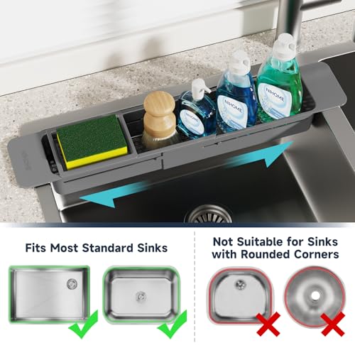 Extendable Kitchen Sink Caddy Extra Long Brush Sponge Storage Holder (Extra Long / Dark Gray)
