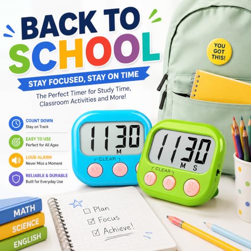 Digital Kitchen Classroom Timers for Kids Cooking 12pcs MulticolorA (White & Black & Pink & Green & Orange & Purple)