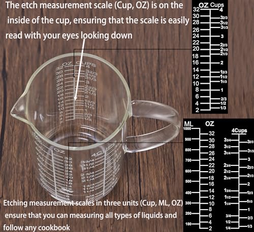 Ackers Mirror Etching Scale Glass Measuring Cup (1000 ML (32 Oz, 4 Cup) - Mirror Etching)