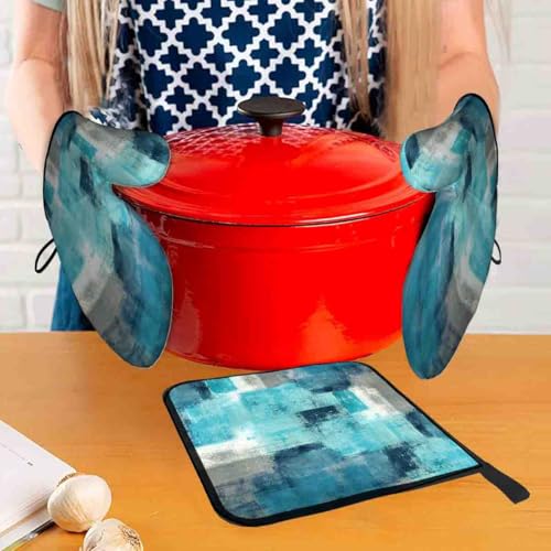 Oven Mitts and Pot Holders Set of 3 (Teal and Grey)