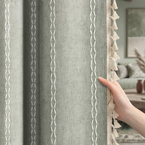 Sage Green Boho Blackout Curtains 72 Inch 2 Panels with Tassels (Sage Green / 52"W x 72"L (Pack of 2))