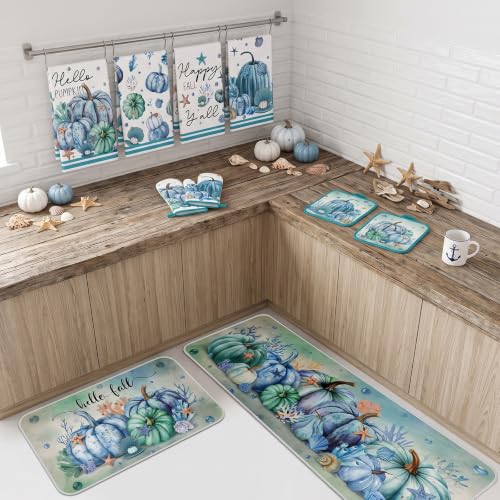 10 Pcs Fall Pumpkin Kitchen Decor Set Kitchen Towels Pot Holders Oven Mitts and Rugs Set Thanksgiving Towels for Baking Cooking BBQ Autumn Home (Navy Blue / Ocean Pumpkin)