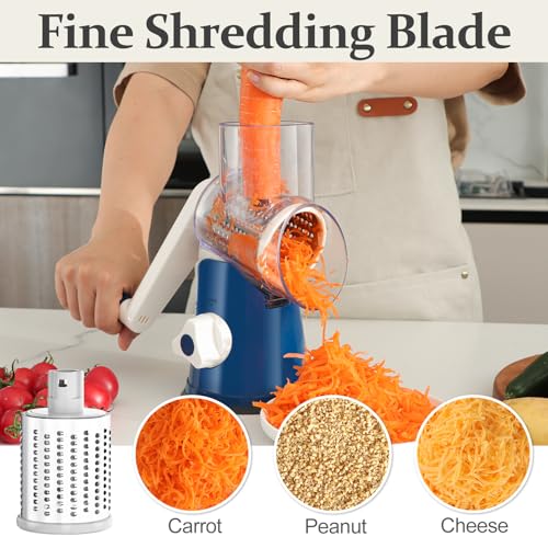 Rotary Cheese Grater Hand Crank Cheese Shredder for Fresh Cheese (5 BLADES / Dark Blue)