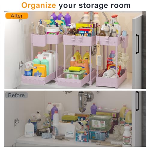 3-Pack 2-Tier Under Sink Organizers with Sliding Drawers (14.8 Inch / Pink)
