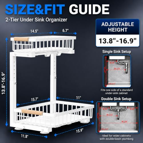 Under Sink Organizer 2 Pack (White / 11.8"W x 15.9"D x 13.8-16.9"H)