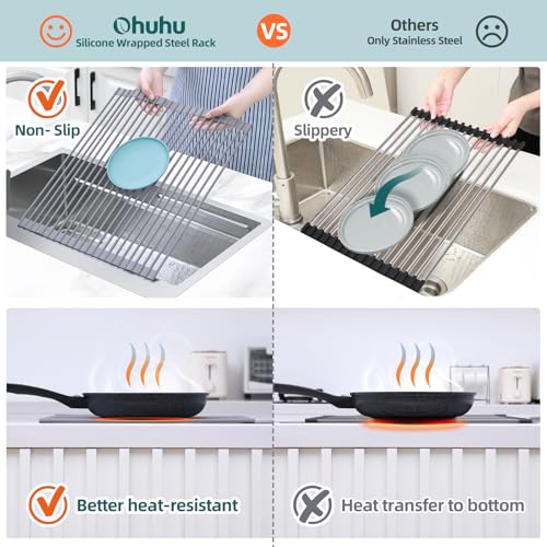 Over Sink Dish Drying Rack Silicone Wrapped 17.6" W x 15.4" L Large Over the Sink Roll Up Dish Drainer (Gray / 17.6"W x 15.4"L)