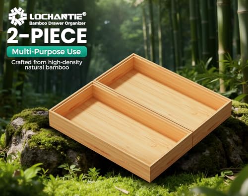 Bamboo Kitchen Drawer Organizer Boxes 12" x 6" Stackable Wooden Organizers (Bamboo / 12" x 6" x 2")