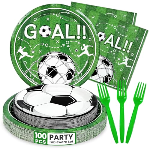 100 Pcs Soccer Paper Plates and Napkins Disposable for Party (Green Soccer 100 Plate Set / 7 & 9-inch Set)