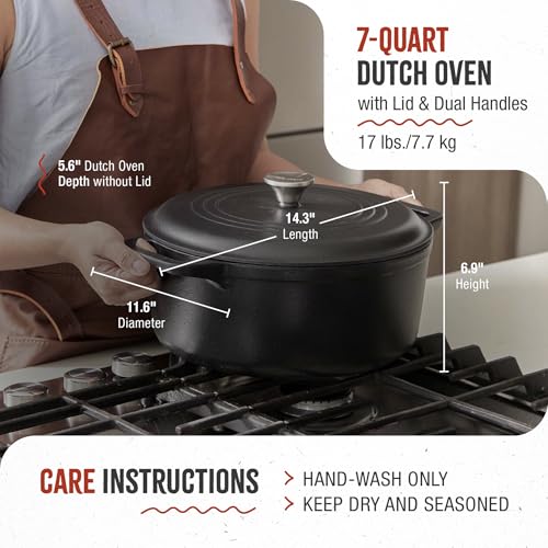 7 Quart Cast Iron Dutch Oven with Lid and Dual Loop Handles (7QT)